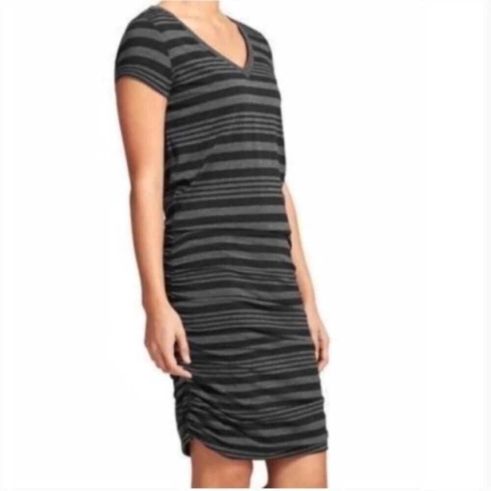 Athleta Topanga Black&Gray Stripe Ruched Dress Sz.S